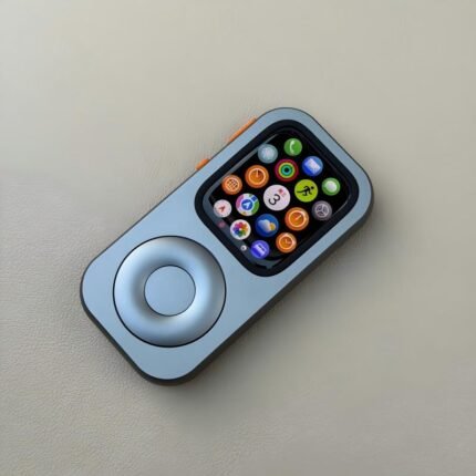 RePod Space Gray sample front view with Apple Watch display and iPod-style scroll wheel