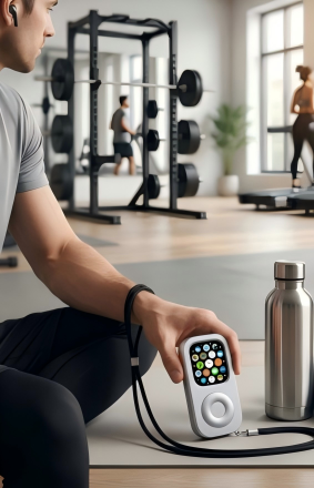 A person at the gym using a retro Apple Watch music device with earbuds and no phone distractions.