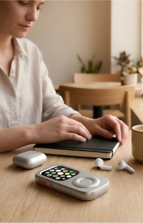 A minimalist weekend café scene featuring a retro Apple Watch case for music and calls without smartphone distractions.