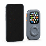 RePod Space Gray Apple Watch iPod case shown beside an iPhone for size comparison