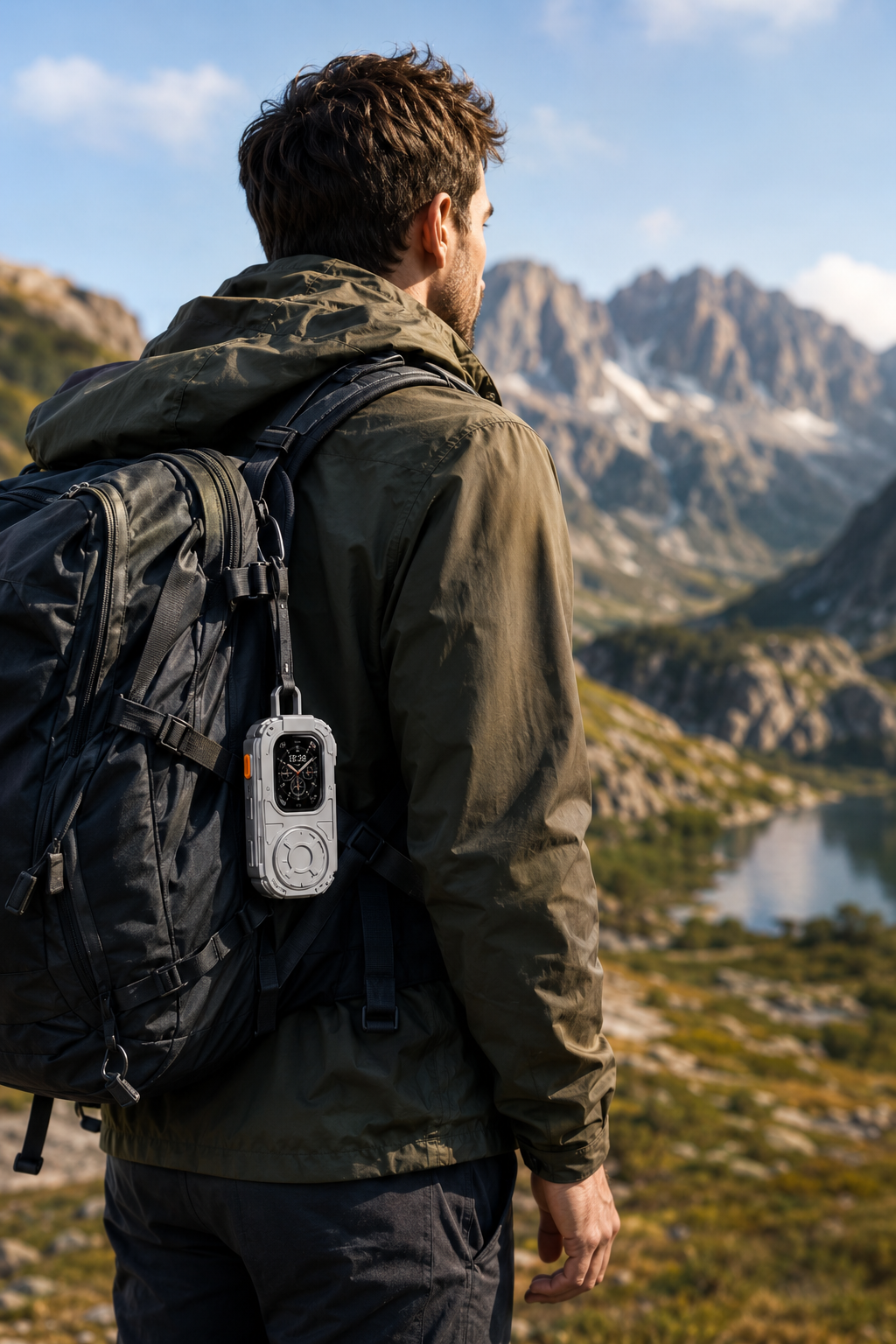 RePod Ultra Apple Watch Ultra case clipped to hiking backpack in mountain landscape Title:
