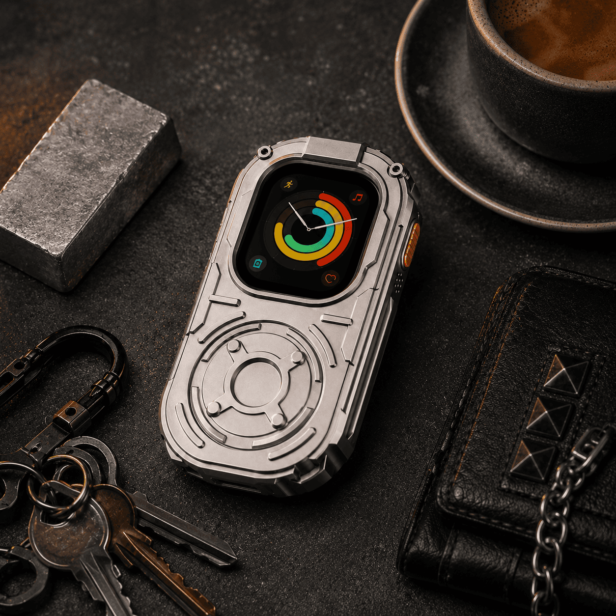RePod Ultra Apple Watch Ultra case on dark EDC desk with coffee zinc alloy block keys and leather wallet