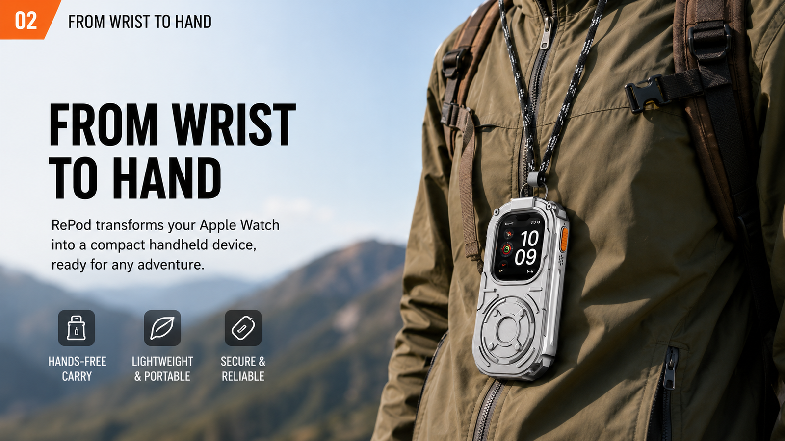 RePod Ultra Apple Watch Ultra case worn on lanyard for hands-free outdoor carry