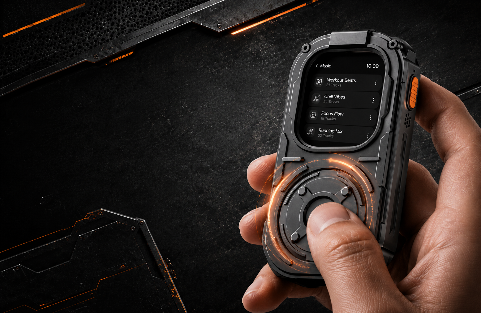 Gunmetal black RePod Ultra Apple Watch Ultra case held in hand with glowing mechanical scroll wheel effect