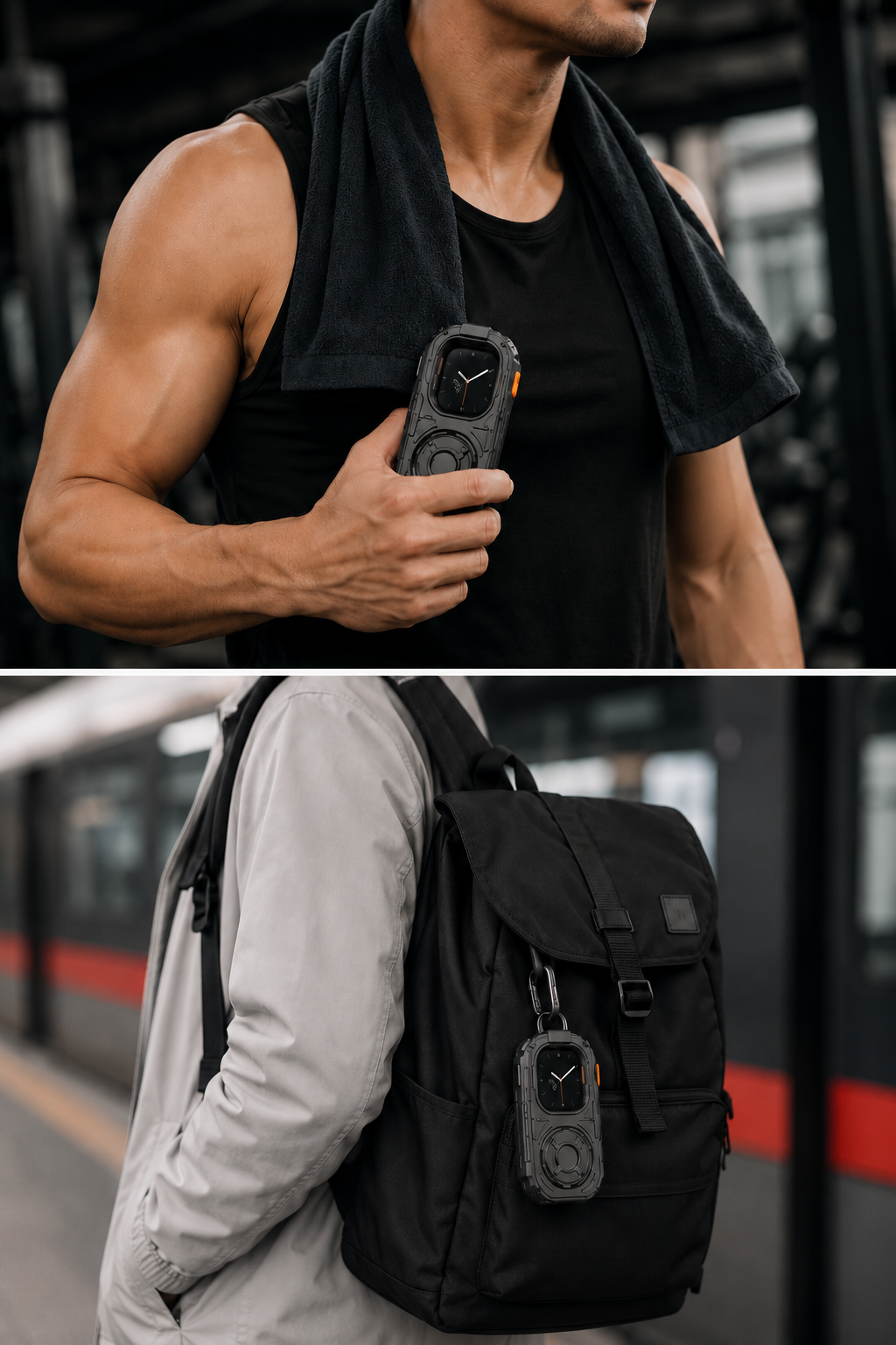 RePod Ultra Apple Watch case used in gym and commute scenes with handheld and backpack carry