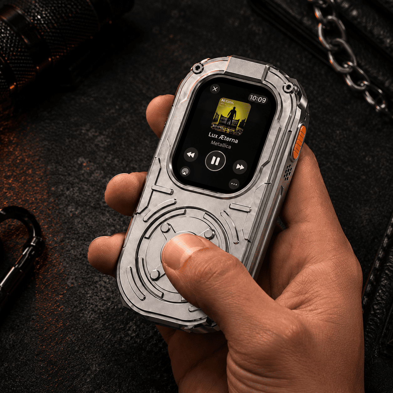 RePod Ultra Apple Watch Ultra case held in hand with music controls and tactile scroll wheel interacti