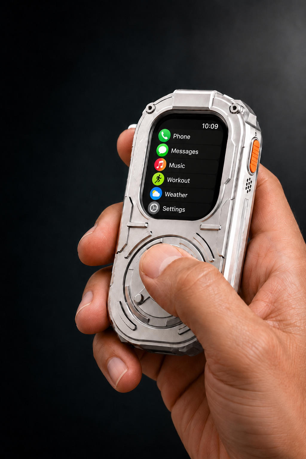 RePod Ultra Apple Watch Ultra case held in hand with mechanical scroll wheel interaction