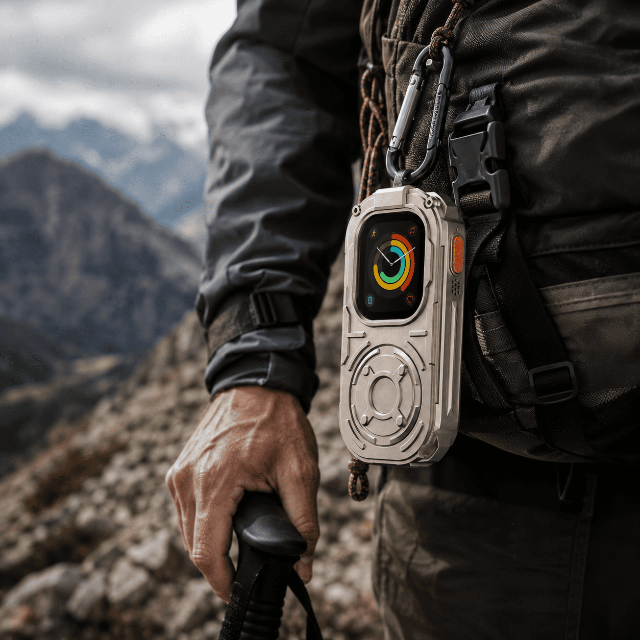 RePod Ultra Apple Watch Ultra case clipped to hiking backpack in rugged mountain environment