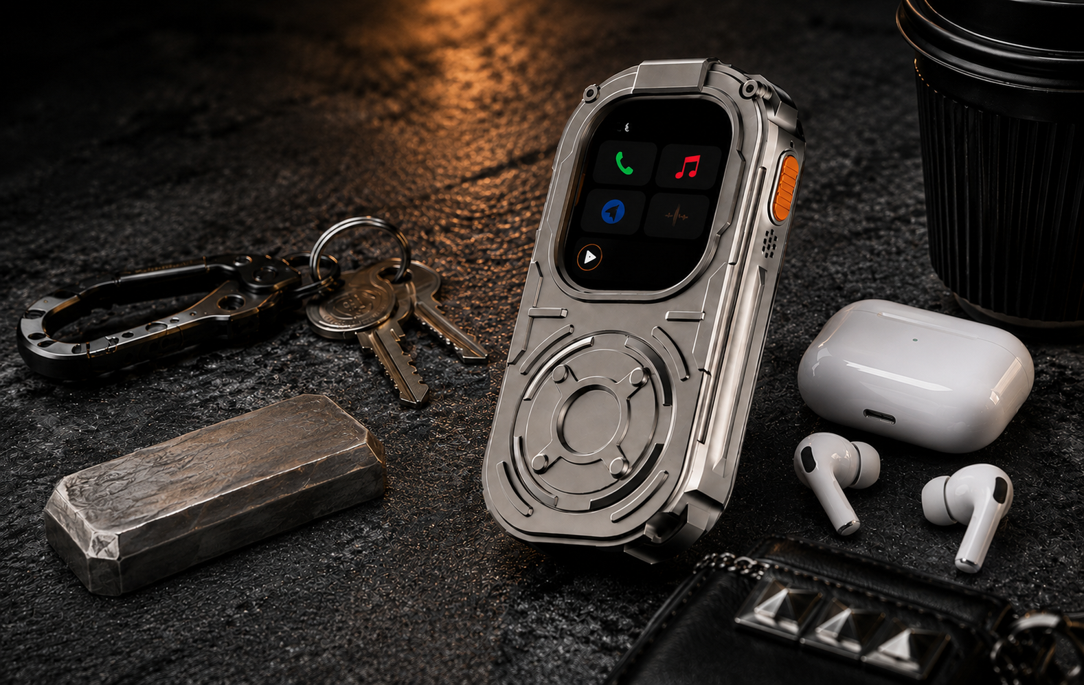 RePod Ultra silver Apple Watch Ultra case on dark EDC flat lay with keys earbuds coffee and zinc alloy metal bar