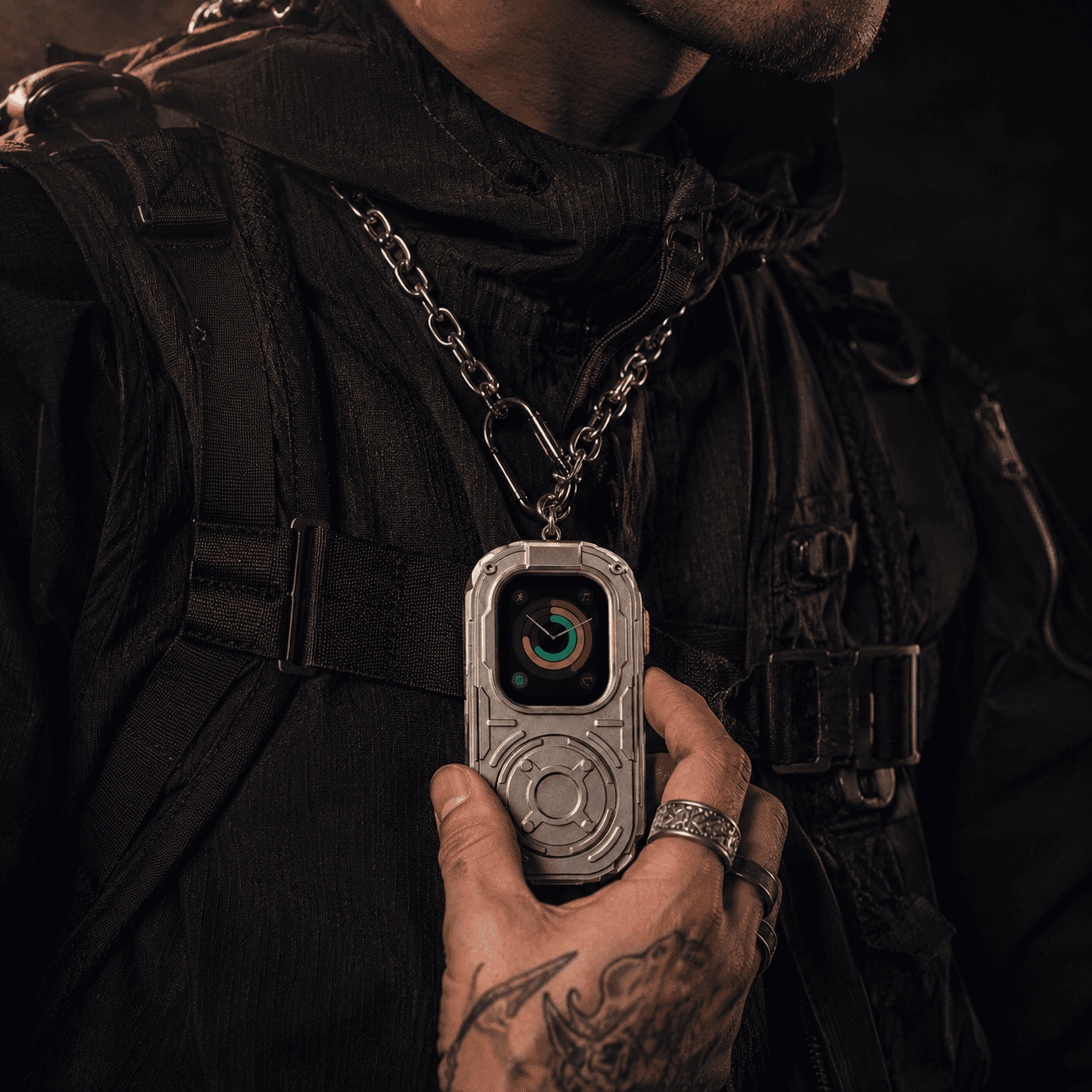 RePod Ultra Apple Watch Ultra case worn as punk EDC necklace with chain lanyard and tactical black outfit