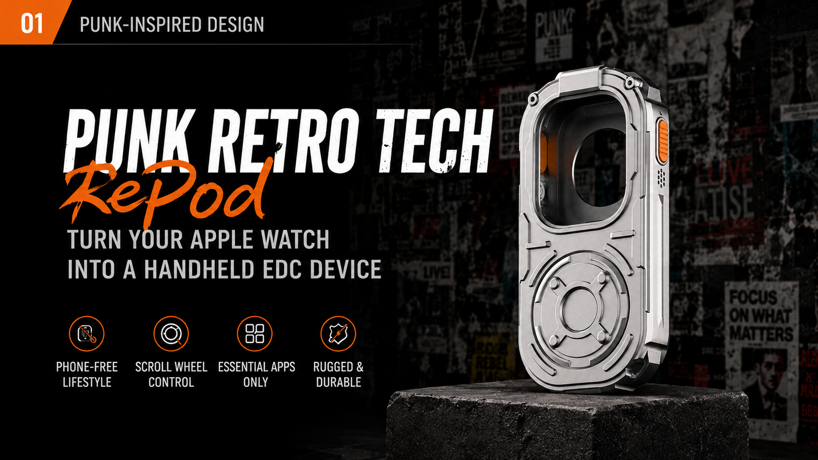 RePod Ultra punk-inspired Apple Watch Ultra case displayed on industrial pedestal