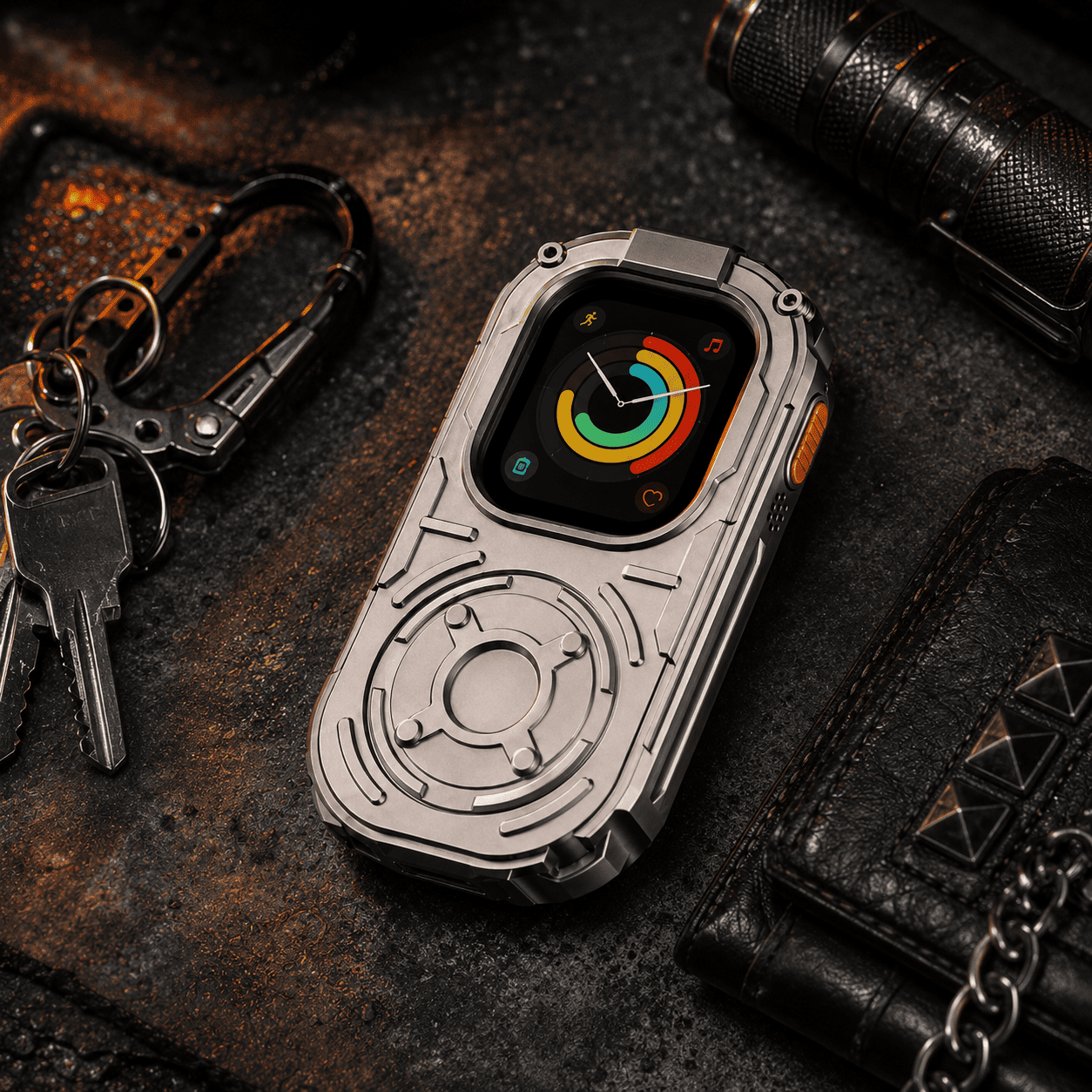 RePod Ultra Apple Watch Ultra case in rugged EDC flat lay with keys flashlight and leather wallet