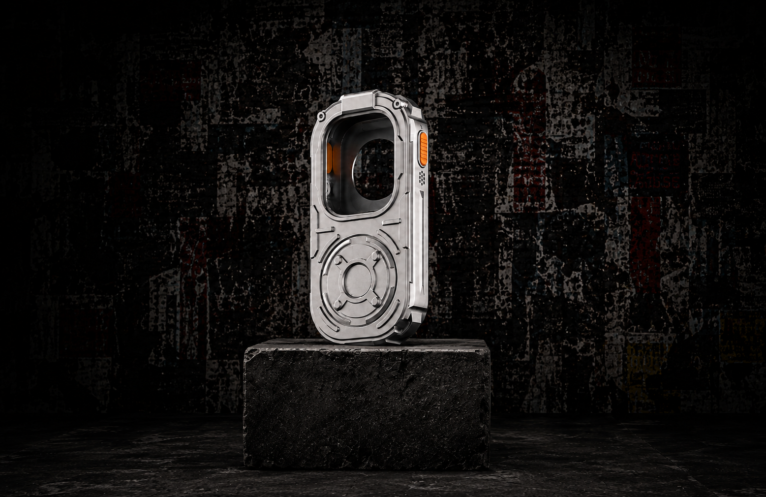RePod Ultra empty zinc alloy Apple Watch Ultra case displayed on a dark industrial pedestal