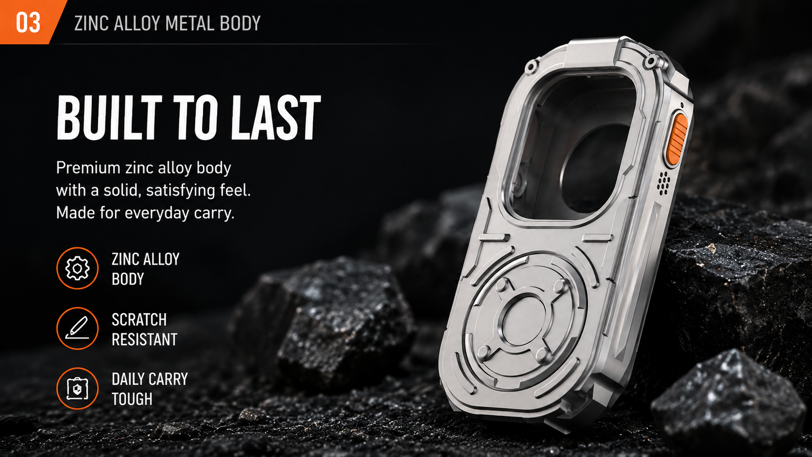 RePod Ultra zinc alloy Apple Watch Ultra case displayed on rugged black rocks