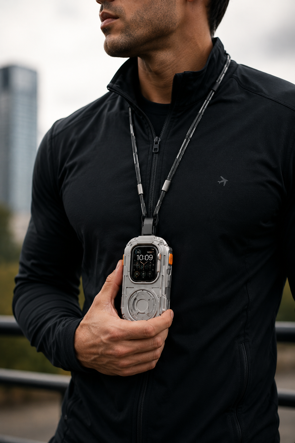 Silver RePod Ultra Apple Watch Ultra case worn on lanyard by runner in black sports jacket
