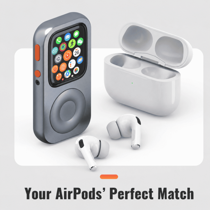 RePod Space Gray Apple Watch iPod case showing front and back views with iPod-style scroll wheel