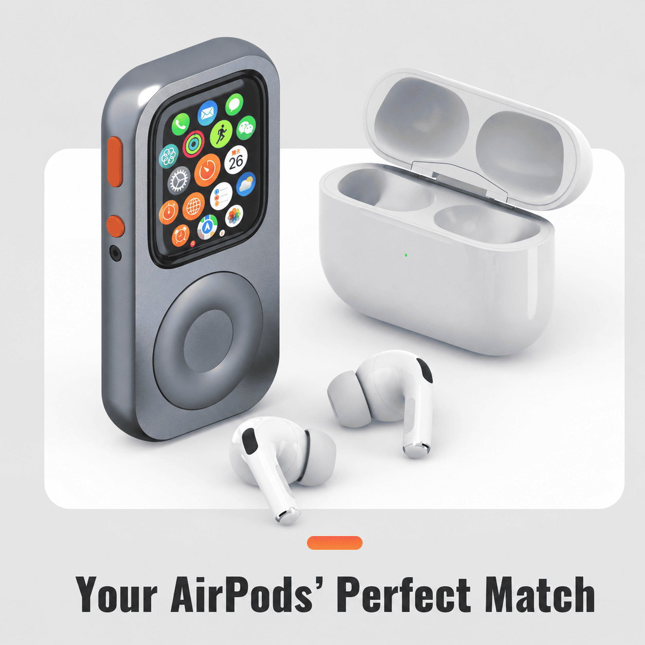 RePod Space Gray Apple Watch iPod case showing front and back views with iPod-style scroll wheel
