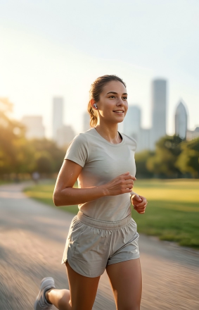 A runner using a retro iPod-style Apple Watch case during an early morning jog without carrying a smartphone.