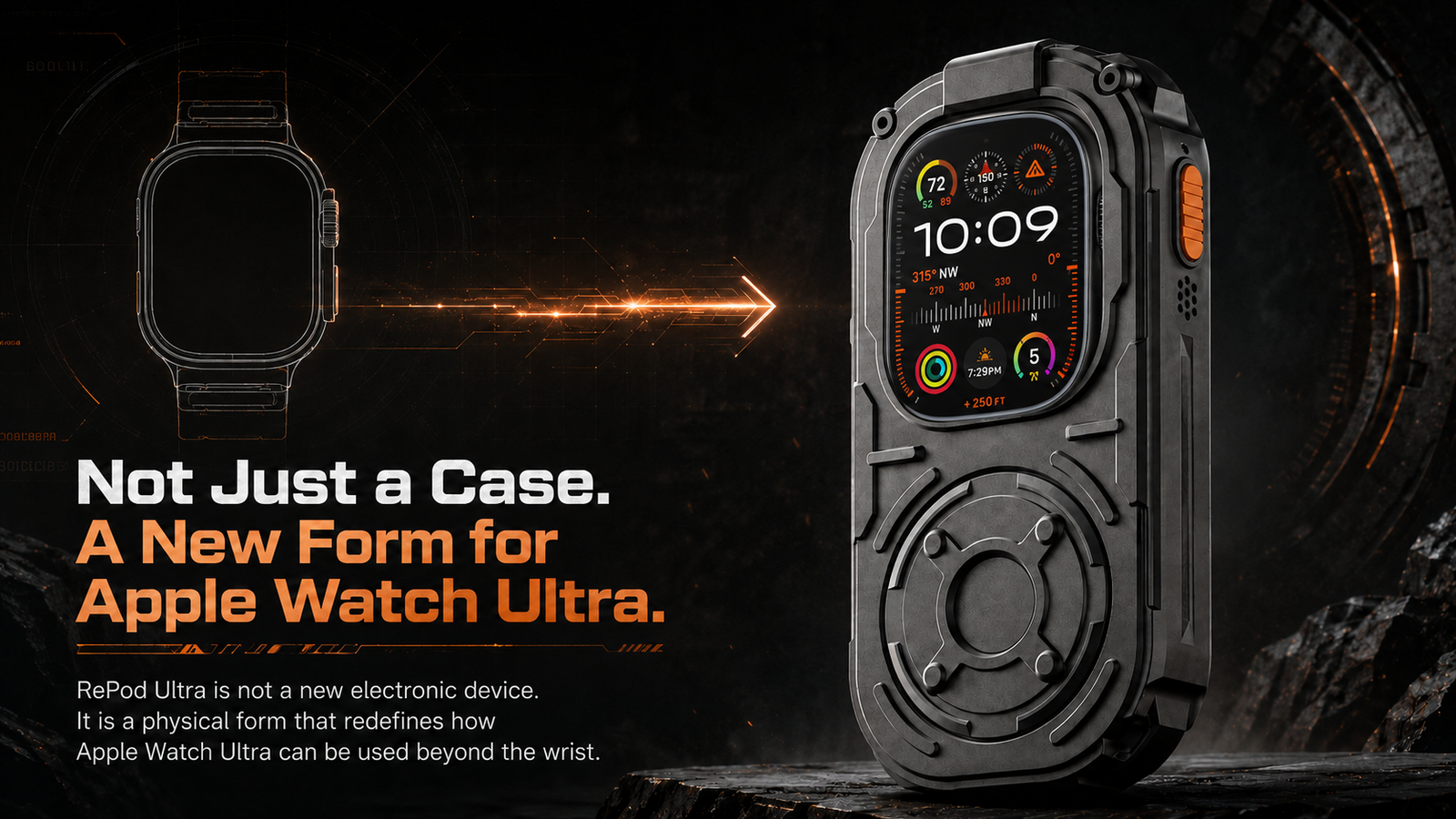 A technical graphic diagram showing Apple Watch Ultra transforming from a wrist design into a rugged handheld device using the matte black RePod Ultra metal case.