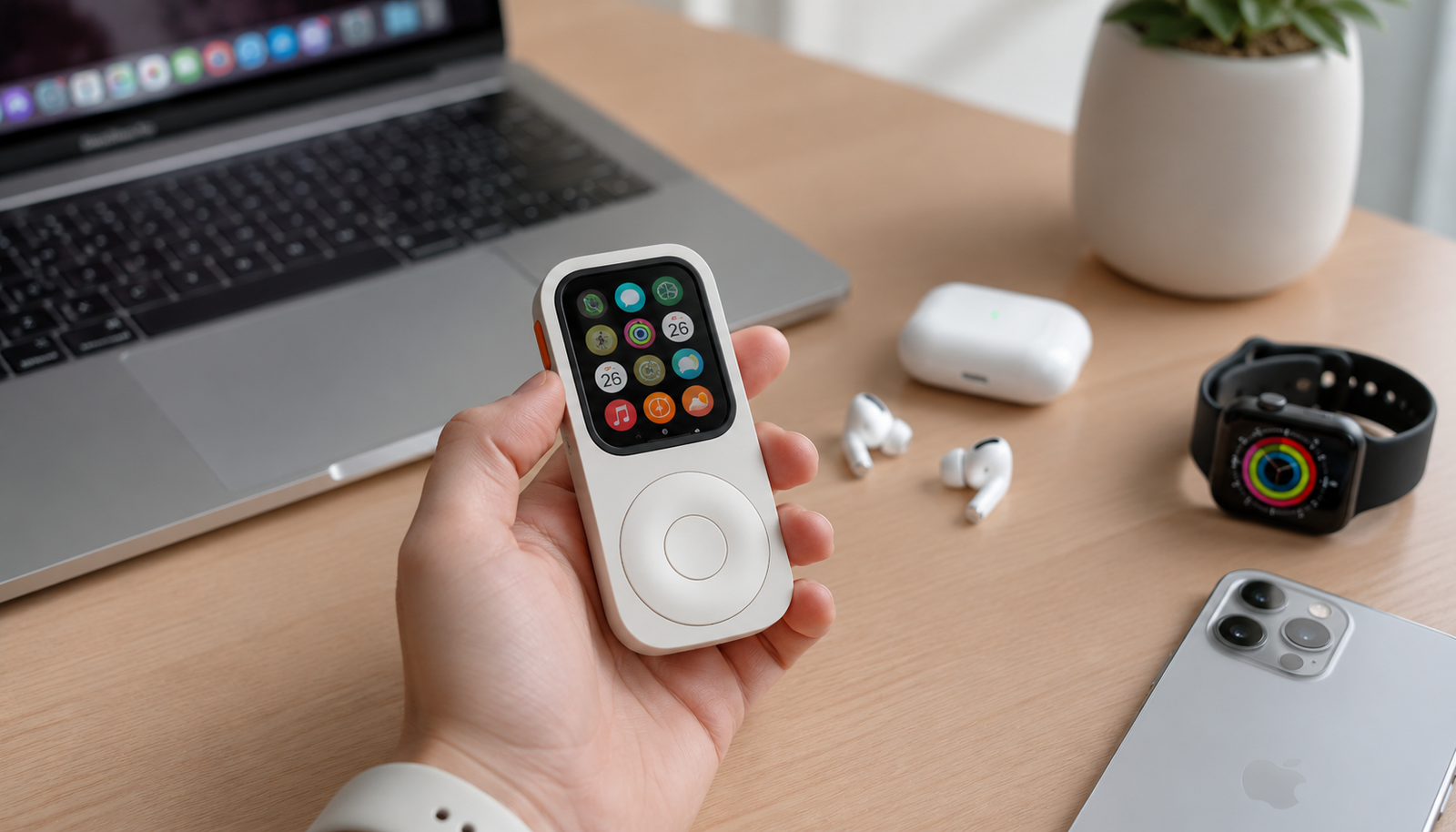 JustRePod Apple Watch iPod case used with AirPods, Apple Watch, laptop, and iPhone on a clean desk