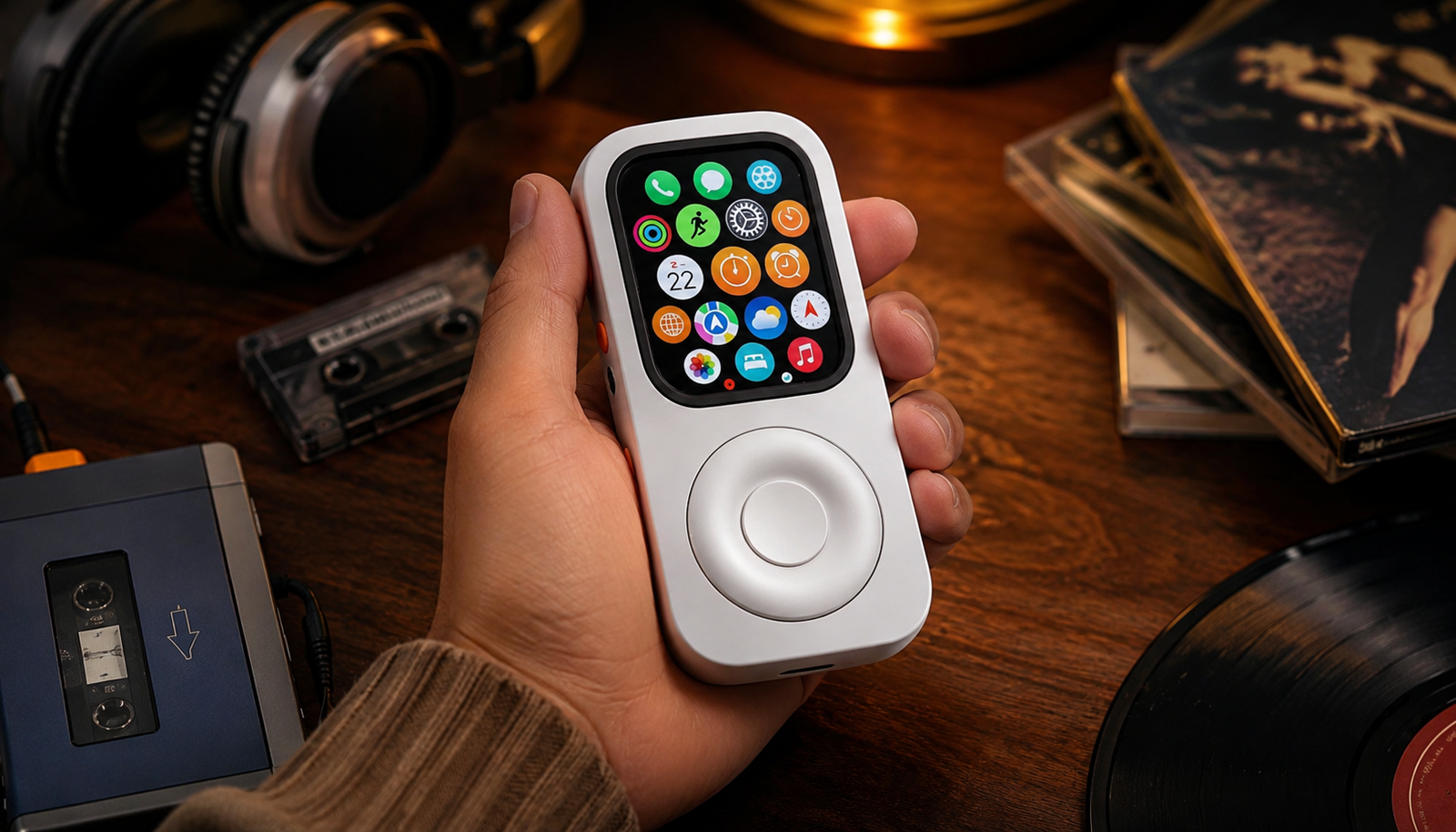JustRePod Apple Watch iPod case held beside retro music gear and vintage audio accessories