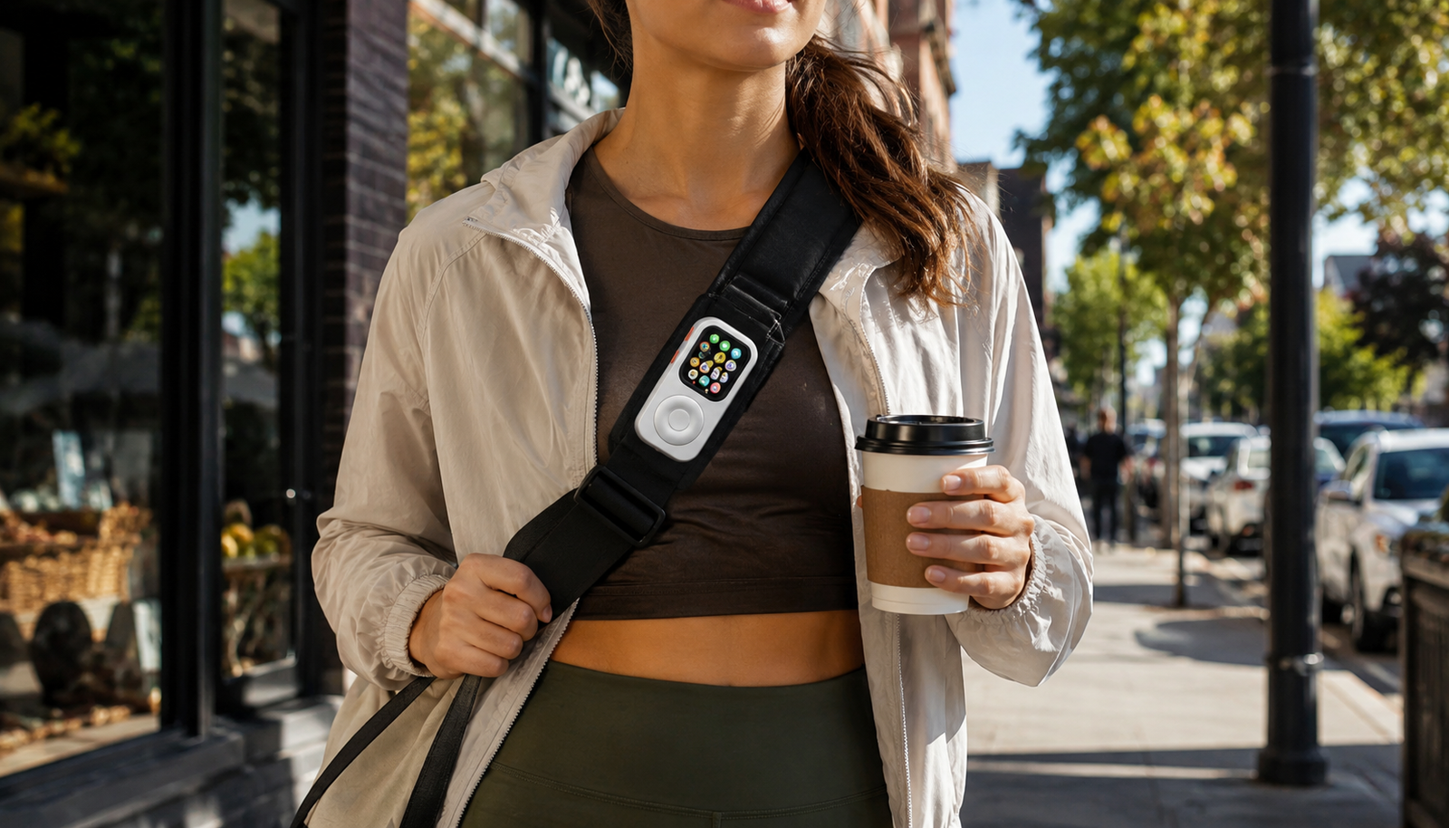 JustRePod Apple Watch iPod case clipped to a strap for walking, coffee runs, and light errands