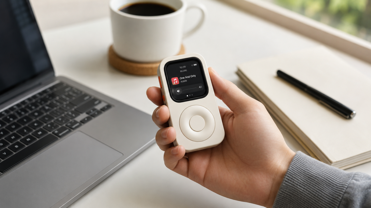 Hand holding JustRePod Apple Watch iPod case near a laptop while playing music