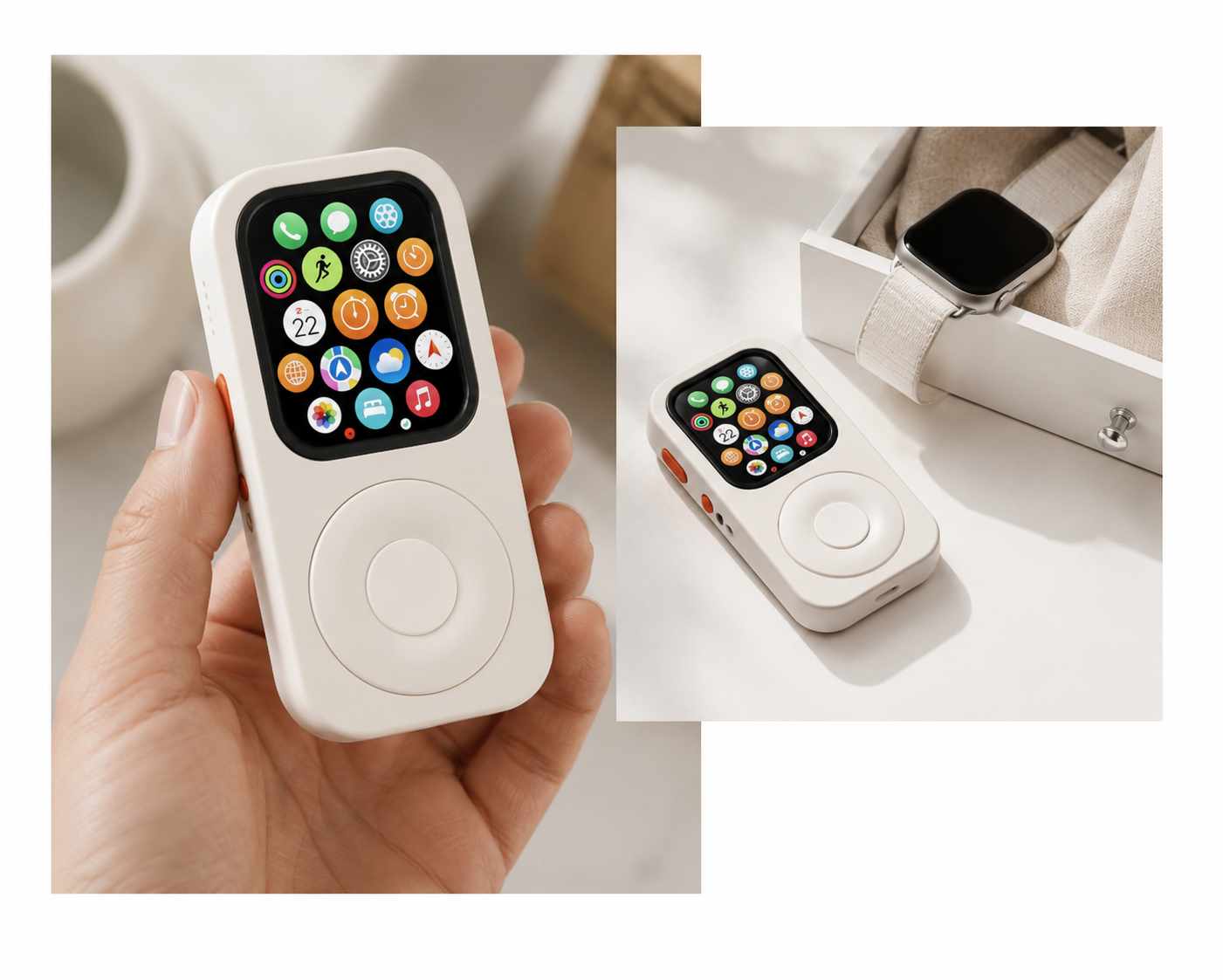 JustRePod Apple Watch iPod case shown beside an Apple Watch to turn it into a device worth carrying again