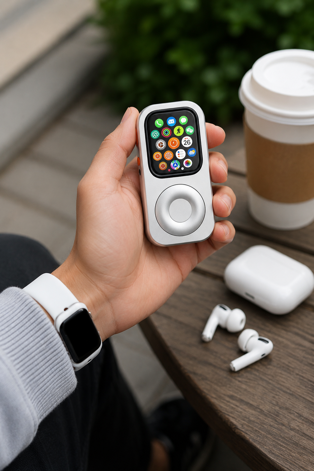 RePod Apple Watch iPod case held during a coffee break with AirPods nearby