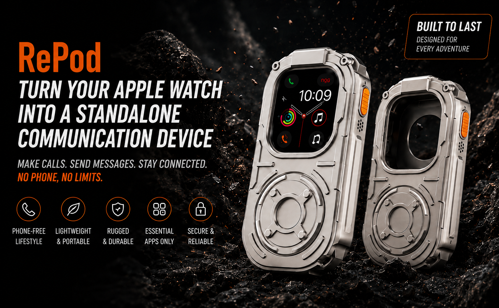 Two rugged RePod metal communication devices in black and titanium finishes showcased on dark rocks for outdoor adventure.