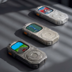 RePod Ultra Apple Watch Ultra case showing music maps and games in multiple handheld devices