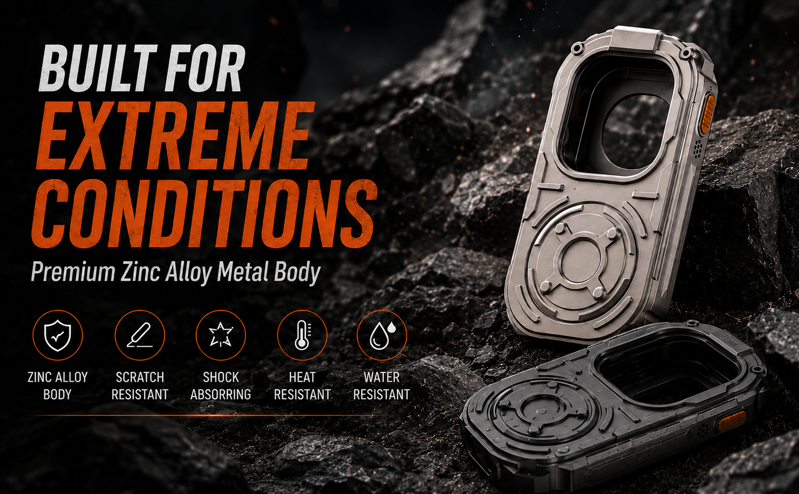 Two heavy duty rugged RePod Ultra zinc alloy metal cases for Apple Watch placed on dark volcanic rocks highlighting scratch and water resistance.