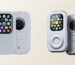 A side-by-side comparison of two iPod-inspired Apple Watch case concepts: a minimalist matte white version on the left and a premium metallic silver industrial design on the right.