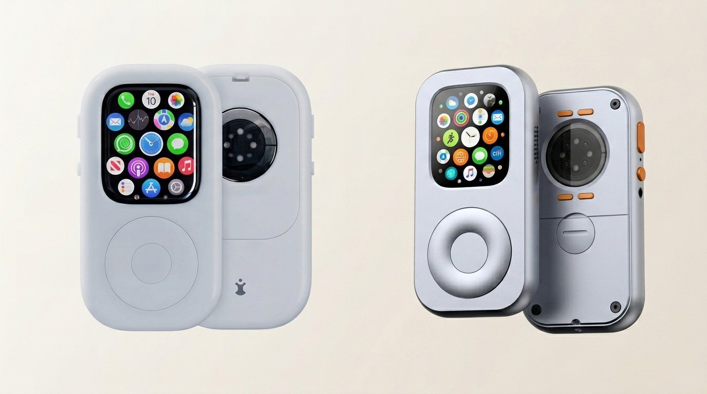 A side-by-side comparison of two iPod-inspired Apple Watch case concepts: a minimalist matte white version on the left and a premium metallic silver industrial design on the right.