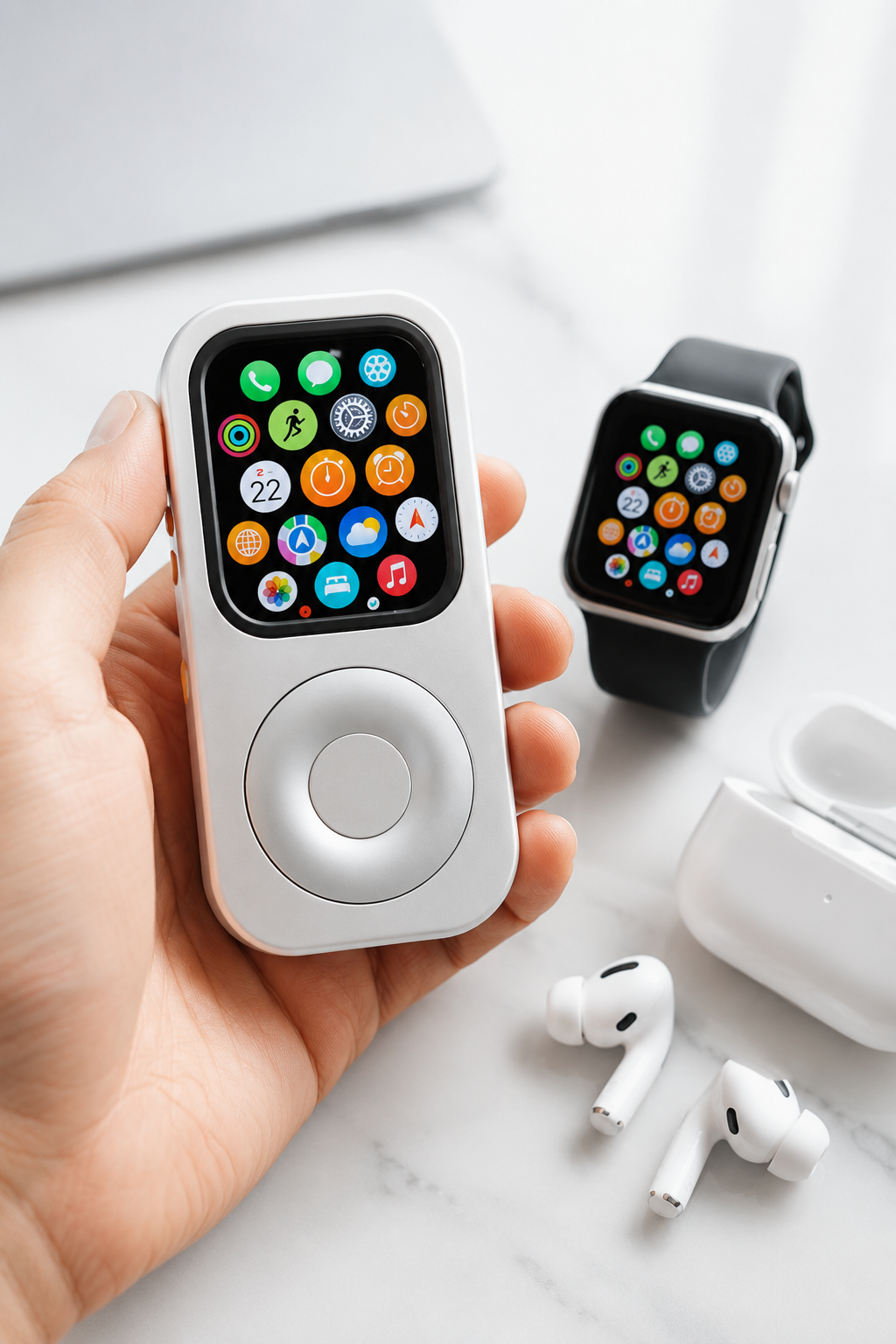 RePod Apple Watch iPod case shown with Apple Watch and AirPods on a clean white surface