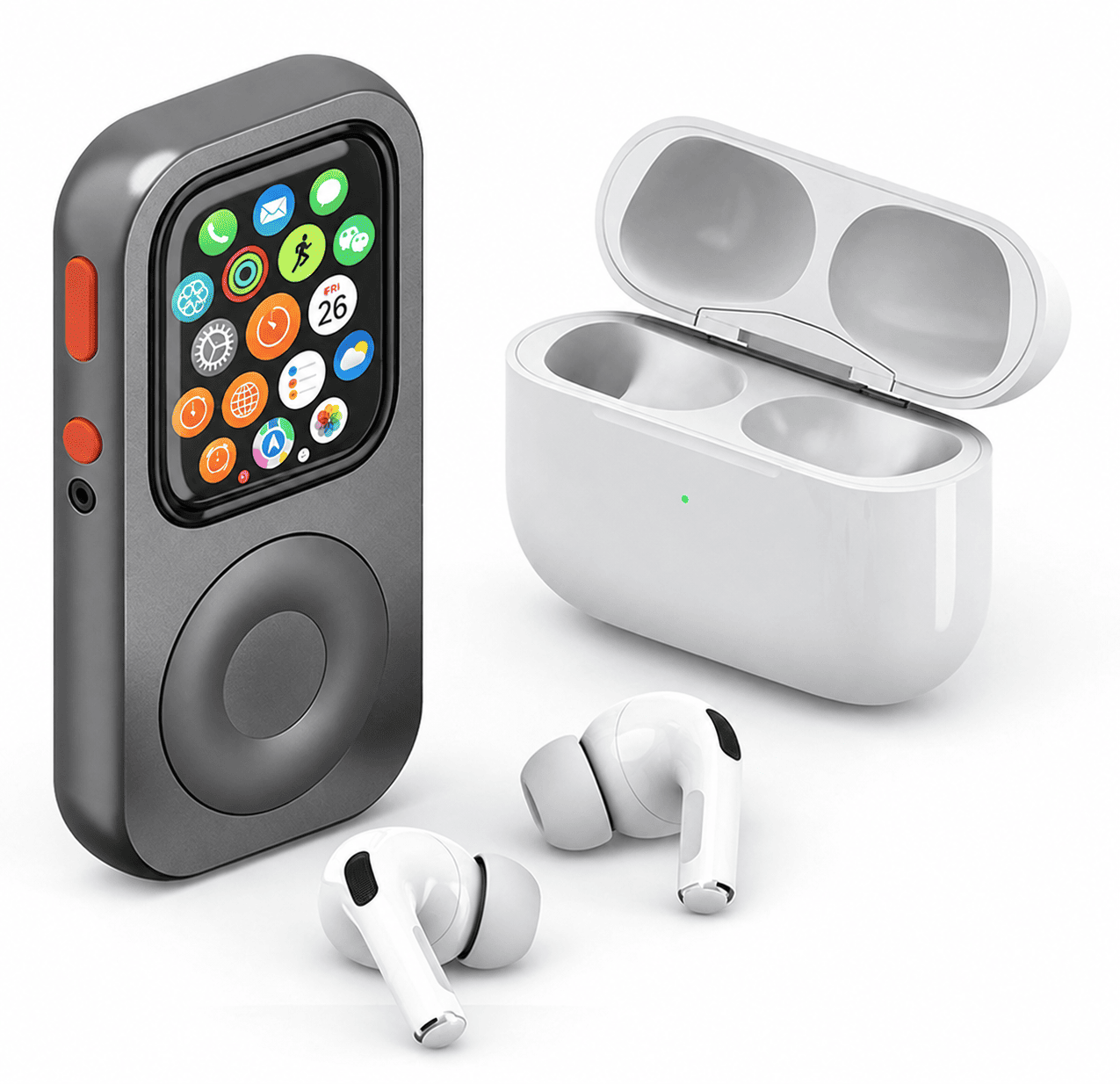 Apple Watch music player case paired with AirPods for workouts and travel
