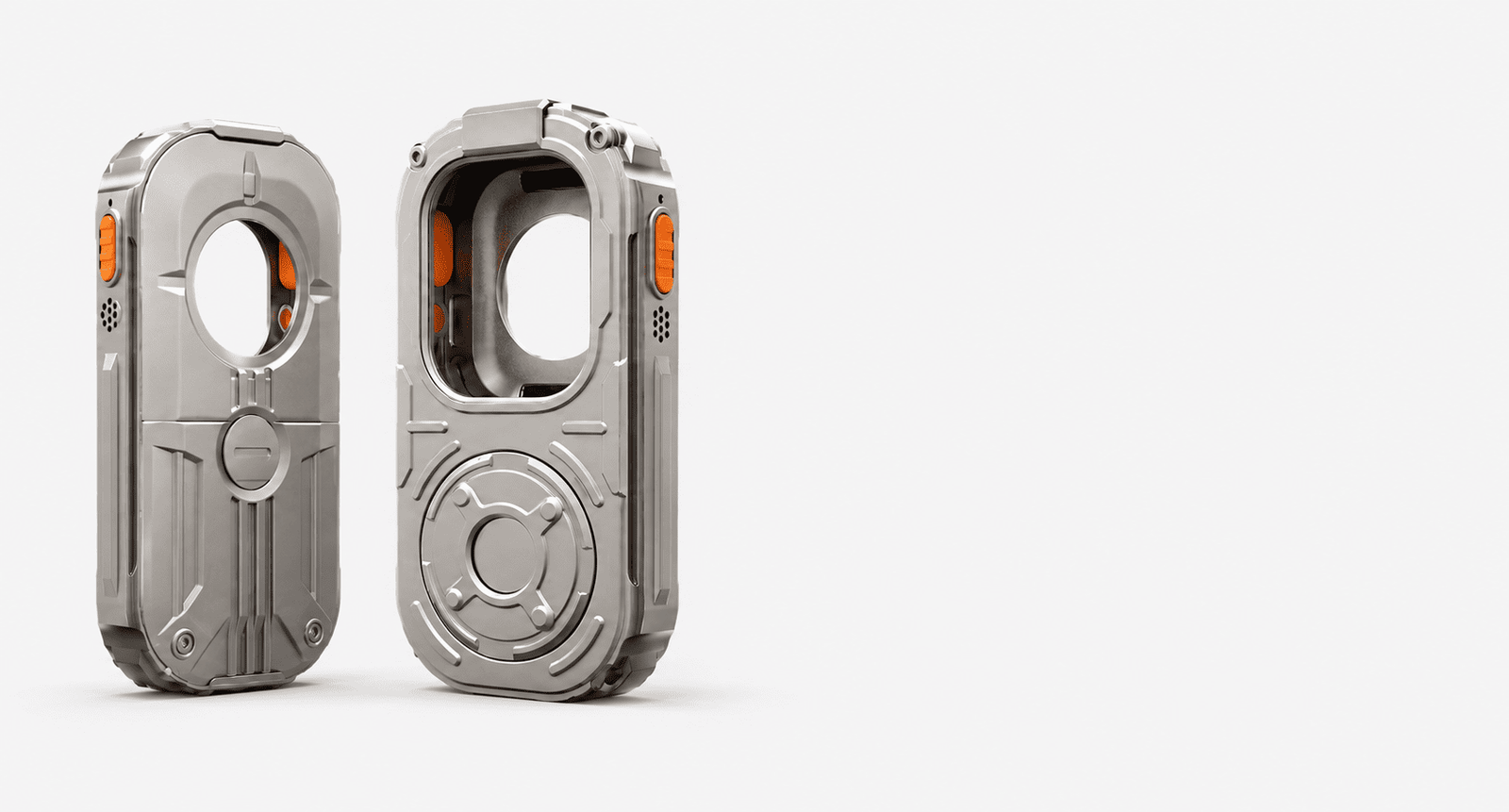 RePod Ultra punk-inspired Apple Watch Ultra handheld case in titanium color, shown in front and back views with orange side buttons and rugged zinc alloy mechanical design.
