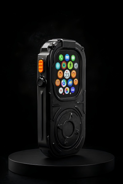 RePod Ultra Gunmetal Black Apple Watch conversion case standing on a black pedestal with a dark background