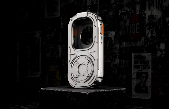 RePod Ultra punk-inspired Apple Watch Ultra handheld case standing on a dark stone pedestal with rugged mechanical design, silver zinc alloy body, orange side button, and industrial poster background.