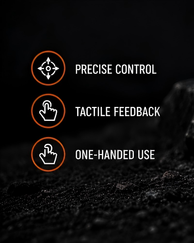 RePod Ultra feature icons showing precise control, tactile feedback, and one-handed use on a dark rugged rock background.