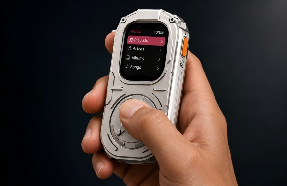 RePod Ultra Apple Watch Ultra handheld case held in one hand with a finger operating the mechanical scroll wheel, showing a music menu on the watch display.