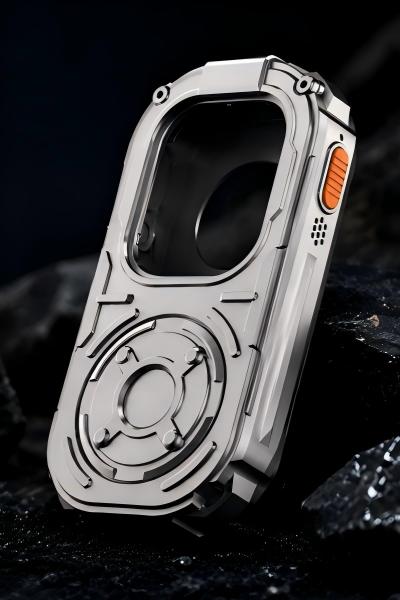 RePod Ultra titanium color Apple Watch Ultra handheld case on a dark rocky background, featuring a rugged zinc alloy body, mechanical scroll wheel design, and orange side button.