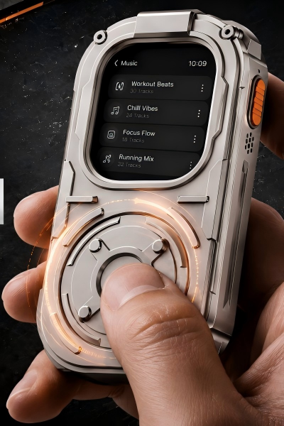 RePod Ultra titanium color Apple Watch Ultra handheld case held in one hand with thumb operating the mechanical scroll wheel, showing a music playlist interface and orange side button.