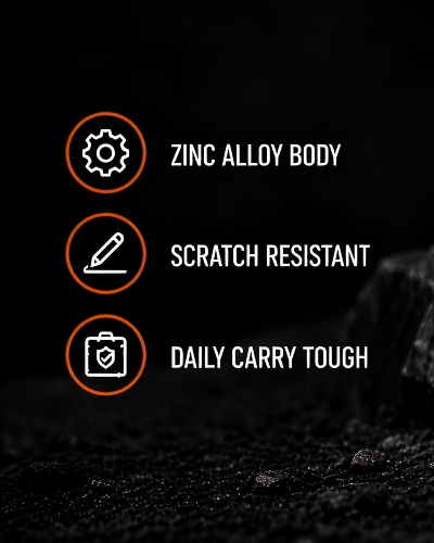 RePod Ultra durability feature icons showing zinc alloy body, scratch resistant design, and daily carry toughness on a dark rugged rock background.