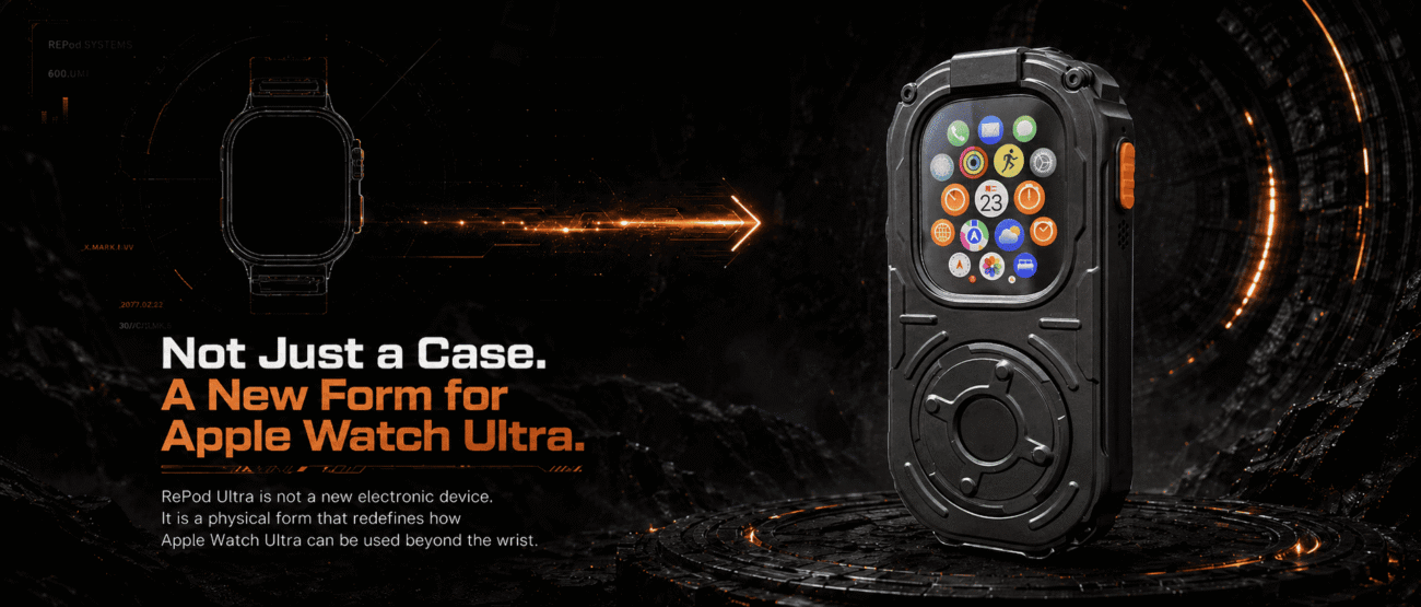 RePod Ultra Apple Watch Ultra case hero image showing a new handheld form beyond the wrist