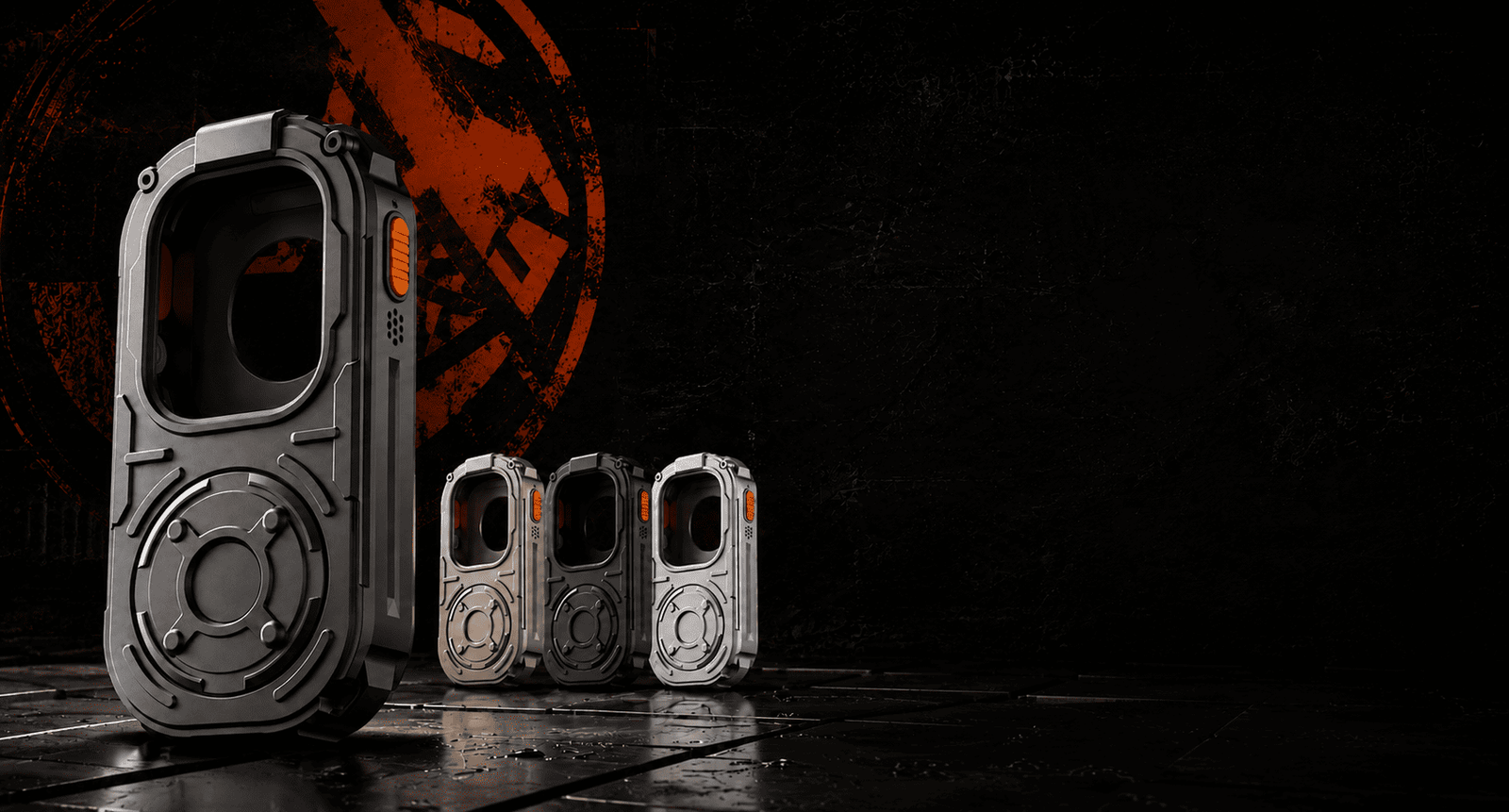 RePod Ultra gunmetal black Apple Watch Ultra handheld case with phone-free EDC icons, showing music, calls, Apple Pay, and maps features in a rugged cyberpunk layout.