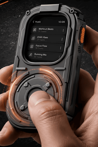 RePod Ultra titanium color Apple Watch Ultra handheld case held in one hand, with thumb using the mechanical scroll wheel and a music playlist interface on screen.