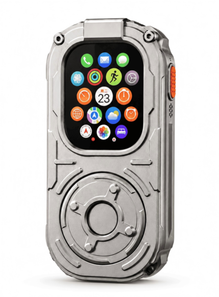RePod Ultra titanium color Apple Watch Ultra handheld case with colorful watch display, orange side button, mechanical scroll wheel, and rugged zinc alloy body on white background.