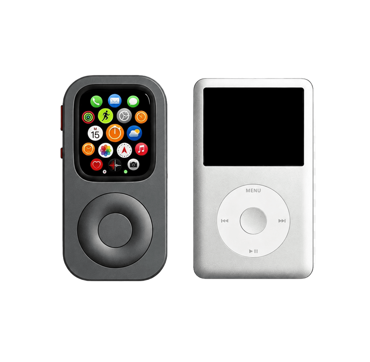 A space gray RePod-style Apple Watch iPod case is shown next to a classic silver iPod, comparing the modern wearable-based design with the original iPod-style form factor.