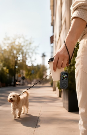 A person walks a small dog on a sunny city sidewalk while holding a coffee cup, with a space gray RePod-style device hanging naturally from a wrist strap.